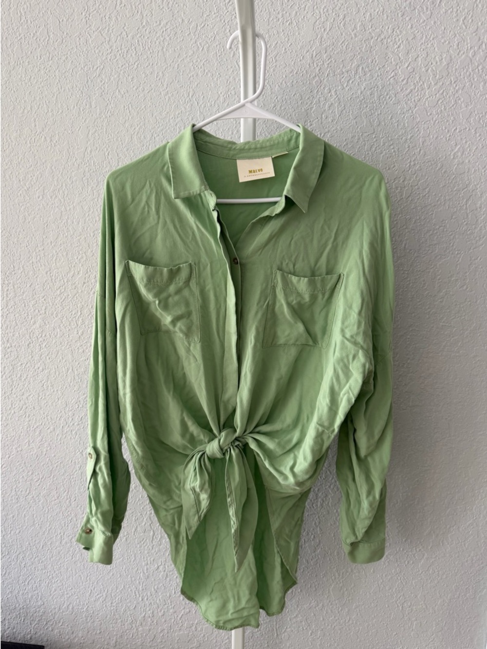 Anthropologie Maeve Pistachio Green Button-Up Shirt with Tie Front